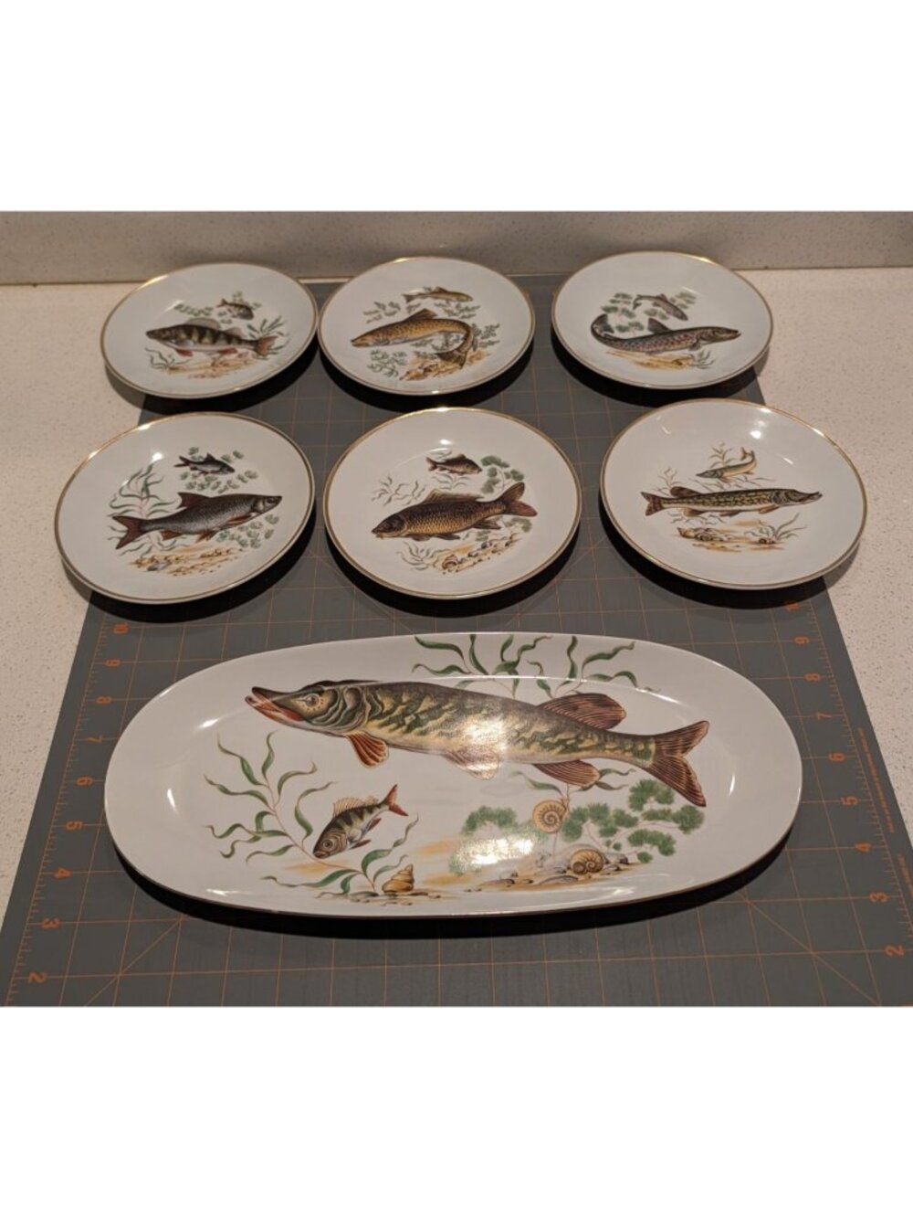 Vintage Naaman Israel Fish Platter 6 Plates Gold Trim Porcelain NAA2 Pike Fish - Picture 12 of 16